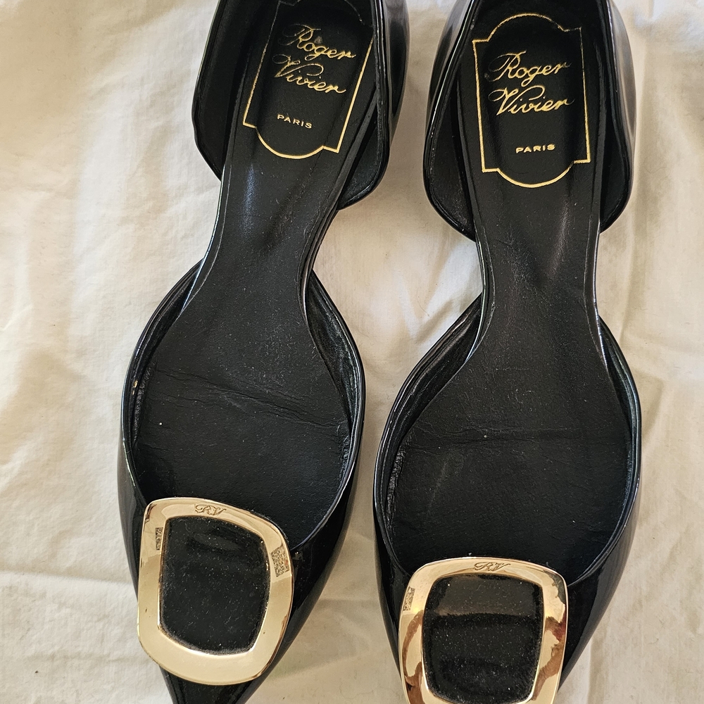 Black Patent Leather Flats with Gold Buckle - Picture 2 of 5